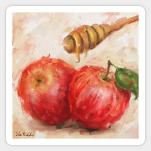 Loose and Artistic Painting of 2 Red Apples with a Honey Dipper Sticker